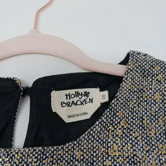 Molly Bracken Black Gold Metallic Sleeveless Mini Dress Belted  Party Event - Picture 3 of 7